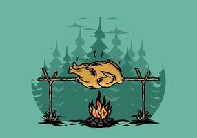 grillen von huhn über lagerfeuerillustrationsdesign vektor