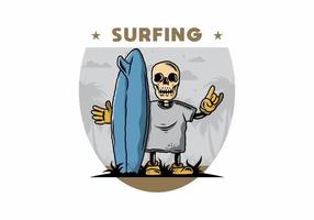 kleiner schädel, der ein surfbrettillustrationsdesign hält vektor