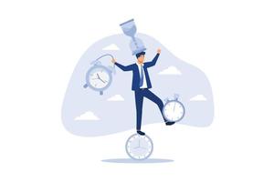 Zeitmanagement oder Produktivitätssucht, Work-Life-Balance oder Kontrollarbeitsprojektzeit- und Zeitplankonzept, intelligenter Geschäftsmann, der alle Zeitstücke ausbalanciert, Sanduhr, Wecker, Countdown-Timer.