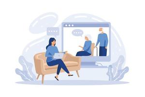 Online-Psychologin und Paartherapiesitzung - virtuelle Therapeutin, die zu Hause vom Bildschirm aus Eheberatung für Cartoon-Leute durchführt,