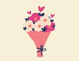 färsk bukett blommor kort. färgglada pioner inslagna i rosa papper. punch av blommor för speciella evenemang gratulationskort eller inbjudan. semester blommig dekor i en isolerad bakgrund. vektor lager