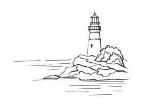 Meereslandschaft. Leuchtturm. handgezeichnete illustration in vektor umgewandelt. meer küste grafik landschaft skizze illustration vektor.