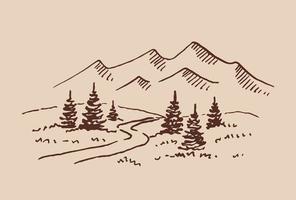 landskap med berg och skog. handritad illustration konverterad till vektor. vektor