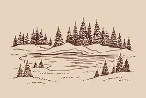 skizze der wilden natur mit see und wald. handgezeichnete illustration in vektor umgewandelt.