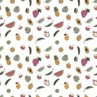 sömlösa mönster med handritade tropiska frukter. vindruvor, vattenmelon, drakfrukt och andra. vektor