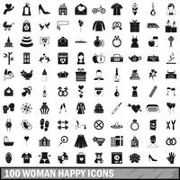 100 Frauen glückliche Symbole gesetzt, einfacher Stil vektor
