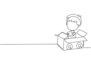 Ein Strichzeichnungsjunge, der ein Auto aus Pappe fährt. glückliches Kind fährt mit Spielzeugauto aus Pappe. kreative Kinder spielen mit seinem Pappauto. ununterbrochene Linie zeichnen grafische Vektorillustration des Designs vektor