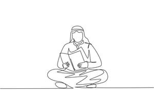 fortlaufende einzeilige zeichnung arabischer mann sitzt auf dem boden und liest ein buch. student bereitet sich auf die prüfung vor, bewerber bereitet sich auf die zulassung vor, buchliebhaber liest. einzeiliger Entwurfsvektor vektor
