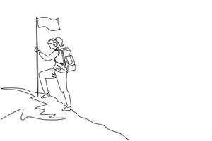 durchgehende einzeilige zeichnung einer jungen frau mit rucksack, die auf dem berg steht, weibliche touristen, die in der natur wandern, sommerferienabenteuer. einzeiliges zeichnen design vektorgrafik illustration vektor