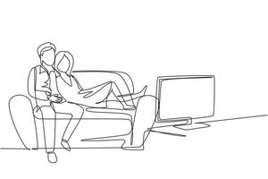 fortlaufende einzeilige zeichnung paar, die zusammen fernsehen und auf dem sofa sitzen. glücklicher mann und frau, die sich im wohnzimmer entspannen. romantisches paar, das zusammen spaß hat. einzeiliges zeichnen design vektorillustration