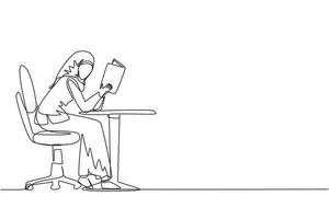 kontinuierliche einzeilige zeichnung arabischer studentin liest buch in bibliothek, buchhandlung und sitzt auf stuhl am tisch. leute lesen und studieren bildung oder schülerlernstunde. einzeiliger Entwurfsvektor vektor