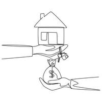 enda kontinuerlig linjeritning köp-säljer hus, refinansiera dina hus, ändra tillgångar kapitalisering. köpa ett hus. försäljning och köp koncept. en rad rita grafisk design vektorillustration vektor