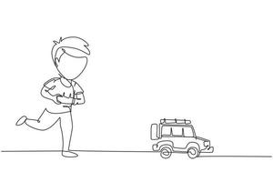 kontinuierliche einzeilige zeichnung junge spielt mit ferngesteuertem geländewagen. süße kinder spielen mit elektronischem spielzeugauto mit fernbedienung in den händen. einzeiliges zeichnen design vektorgrafik illustration vektor