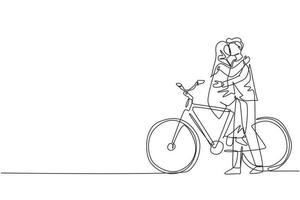 kontinuerlig en rad ritning unga älskande arabiska par sitter på cykel och kysser. romantiska mänskliga relationer, kärlekshistoria, nygift familj i smekmånadsresa äventyr. en rad ritningsdesign vektor