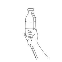 Kontinuierliche einzeilige Zeichnung Glasflaschenverpackung von Milch in der Hand des Menschen. frische milch, gesundes essen, für kinder gesunde ernährung. glücklicher tag der milch. einzeiliges zeichnen design vektorgrafik illustration vektor