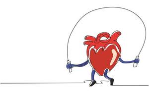 enda en rad ritning söt rolig hjärta orgel gör gym med hopprep. hjärta organ träning, sport, fitness karaktär koncept. utbildningstema. kontinuerlig linje rita design grafisk vektorillustration vektor
