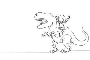 enda kontinuerlig linjeteckning flicka grottman rider t-rex tyrannosaurus. ungt barn sitter på baksidan av dinosaurie. stenåldersbarn. forntida människoliv. en rad rita grafisk design vektorillustration vektor