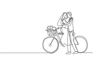enda kontinuerlig linjeritning älskande gift par sitter på cykel och kysser. romantisk mänsklig relation, kärlekshistoria, nygift familj på smekmånad. en rad rita grafisk design vektorillustration vektor
