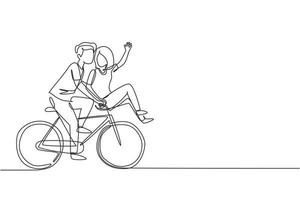 enda en rad ritning söta romantiska par på dejt cykling. ung man och kvinna i kärlek. lyckligt gift par cyklar tillsammans. modern kontinuerlig linje rita design grafisk vektorillustration vektor