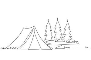 einzelne einzeilige zeichnung touristenzelt im kiefernwald, berge am bewölkten himmel. Sommercamping. natürliche Outdoor-Aktivitäten. Zelt und Feuerlager. ununterbrochene Linie zeichnen grafische Vektorillustration des Designs vektor