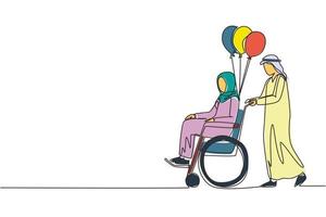 einzelne linie, die behinderte menschen zeichnet. arabischer Mann trägt behinderte Frau im Rollstuhl. Zugänglichkeit, Rehabilitation von Behindertenaktivitäten. ununterbrochene Linie zeichnen Design-Vektor-Illustration vektor