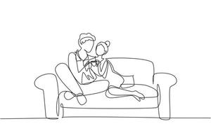 Eine einzige Linie, die ein glückliches Paar zeichnet, das auf dem Sofa sitzt, redet und Kaffee trinkt. mann und frau haben einen entspannten freien tag im wohnzimmer. Romantik- und Liebeskonzept. Designvektor mit durchgehender Linie vektor