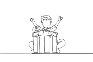 einzelne eine linie, die einen glücklichen kleinen jungen zeichnet, der eine große, mit bandschleife umwickelte geschenkbox vor seinem in den armen hält. fröhliches Kind nimmt Geburtstagsgeschenk an. ununterbrochene Linie zeichnen grafische Vektorillustration des Designs vektor