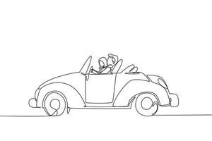 enda kontinuerlig linjeteckning söta eleganta par på roadtrip i vintage retro bil. glad man och kvinna i fordon. gift par romantiskt förhållande. dynamisk en rad rita grafisk design vektor