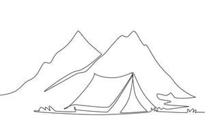 einzelne einstrichzeichnung abenteuer camping nachtlandschaft. Zelt, Campingplatz, Pinienwald und felsige Berge. Sport, Wandern, Camping, Erholung im Freien. ununterbrochene Linie zeichnen Design-Vektor-Illustration vektor