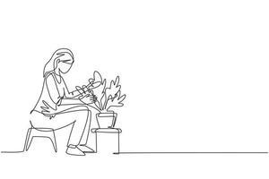 einzelne durchgehende Linie, die junge Frau sitzt und Gartenblumen pflanzt, Landwirtschaftsgärtner-Hobby und Gartenarbeit. Gärtner, Blumengärtner. eine Linie zeichnen Design-Vektor-Illustration vektor