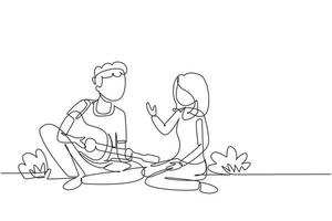 enda en rad ritning lyckliga par älskare har picknick på naturen. romantisk man spelar musik på gitarr, flicka lyssna och sjunga tillsammans. kontinuerlig linje rita design grafisk vektorillustration vektor