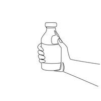 einzelne einstrichzeichnungshand, die frische milch auf flaschenglas hält, die gesundes getränkeprodukt verpackt. Frischmilch für die gesunde Ernährung. moderne grafische vektorillustration des ununterbrochenen zeichnendesigns vektor
