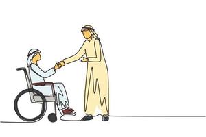enda kontinuerlig linjeteckning funktionshinder anställning, arbete för funktionshindrade. inaktivera arabisk man sitter i rullstol skakar hand med kollega på kontoret. en rad rita design vektorillustration vektor