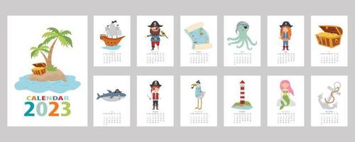 Kalender 2023. Bunter Kinderkalender im Piraten-Design. Pirat, Schatzinsel, Hai, Tintenfisch, Möwe, Meerjungfrau, Schiff und Leuchtturm.