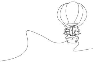 Eine einzige Linie zeichnet glückliche Kinder, die mit dem Heißluftballon fahren. fliegende lächelnde und liebenswerte kleine Kinder mit Heißluftballon in den Frühlingsferien. ununterbrochene Linie zeichnen grafische Vektorillustration des Designs vektor