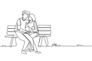 enda kontinuerlig linjeteckning romantiskt par. kvinna man sitter på bänken i stadsparken. lycklig familj koncept. intimitet firar bröllopsdag. en rad rita grafisk design vektorillustration vektor