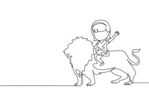 enda en rad ritning glad liten flicka rider lejon. barn som sitter på ryggen stort lejon på cirkusevenemang. barn som lär sig rida odjur. modern kontinuerlig linje rita design grafisk vektorillustration vektor