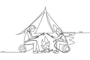 kontinuierliche einzeilige zeichnung romantisches paar sommercamp. Mann und Frau sitzen am Kamin am Baumstamm. Lagerfeuer mit Marshmallow. Outdoor-Urlaub im Wald. einzeiliges zeichnen design vektorillustration vektor