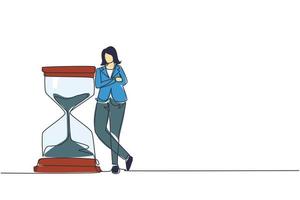 enda kontinuerlig linje ritning affärskvinna luta sig på enorma gigantiska timglas. tid är pengar finansiella investeringskoncept. tidshantering konceptuell metafor. en rad rita design vektorillustration vektor