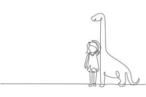enda en rad ritning liten flicka som mäter sin längd med brontosaurus höjddiagram på väggen. barn mäter tillväxt. barn mäter höjd. kontinuerlig linje rita design grafisk vektorillustration vektor