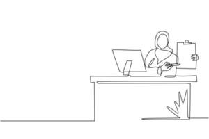 einzelne fortlaufende Zeichnung lächelnder Bankangestellter, der Bankkredite, Darlehensverträge oder Hypothekenverträge zeigt, die am Schreibtisch mit Computer sitzen. Arabische Geschäftsfrau Kreditgeber. Designvektor mit einer Linie zeichnen vektor