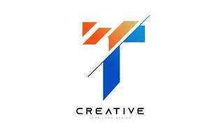 skivad bokstav t logotyp ikon design med blå och orange färger och skära skivor vektor