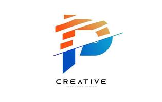 geschnittenes buchstabe p logo icon design mit blauen und orangefarbenen farben und geschnittenen scheiben vektor