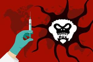 Monkeypox Virus World Alert Attack und Impfkonzept. Affenpocken-Infektionskrankheitsausbruch-Vorsichtszeichen auf Erdplaneten. impfspritze in der hand des arztes. mpv mpvx gefährliches Pandemiesymbol. Folge vektor
