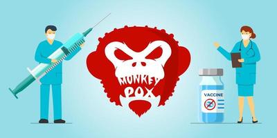 Impfkonzept für Affenpockenvirusinfektionen. Arzt des medizinischen Personals mit Spritze und Krankenschwester mit Impfstoff, die in der Nähe des Ausbruchs der Affenpockenkrankheit stehen. mpv mpvx Gefahr und Epidemierisiko für die öffentliche Gesundheit. Folge vektor