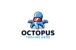 ein süßes und auffälliges Oktopus-Logo mit einem Oktopus-Bild unter Verwendung einer VR-Brille vektor