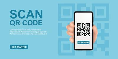 QR-Code-Scan-Service-Banner. Verifizierungskonzept. 3D-Hand mit Smartphone scannt QR-Code. Vorlagendesign für Website, Zielseite, Benutzeroberfläche, soziale Medien. Vektor-Illustration vektor