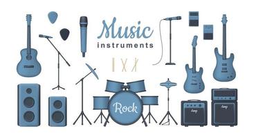Satz Musikinstrumente 3d für Rockkonzert lokalisiert auf weißem Hintergrund. Akustik-, Elektro- und Bassgitarre, Verstärker, Schlagzeug, Tonlautsprecher und Mikrofone. Vektor-Illustration vektor