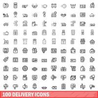 100 Lieferungssymbole gesetzt, Umrissstil vektor