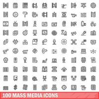 100 Massenmedien-Icons gesetzt, Umrissstil vektor